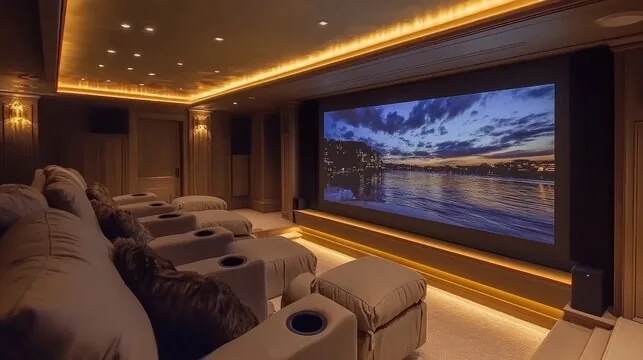 Warm amber-lit home theater with white recliner seating and projection screen