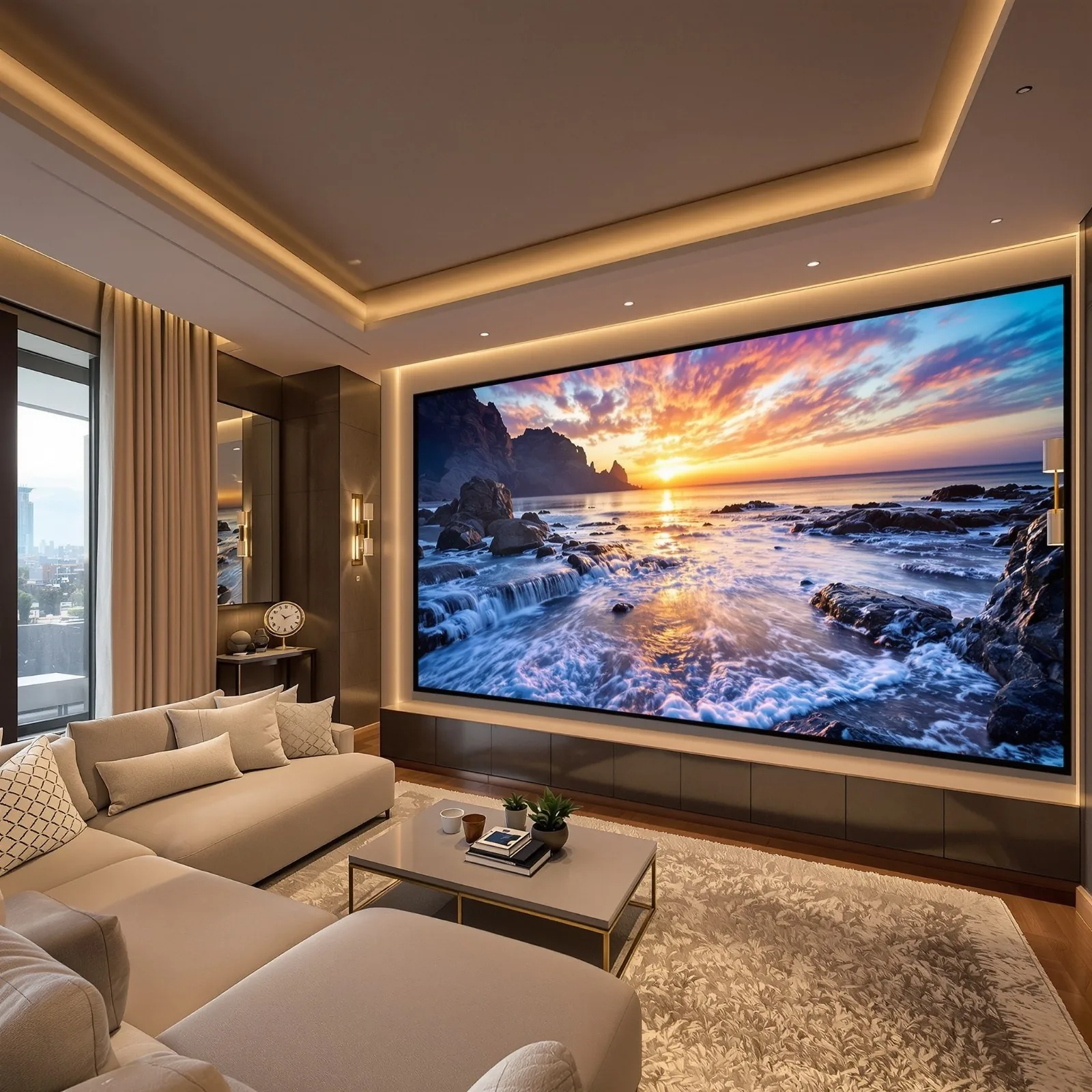 Modern living room home theater with large display and ambient lighting